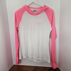 Soffe Juniors No Sweat Colorblock Hooded Tshirt Long Sleeves White & Pink Raglan
